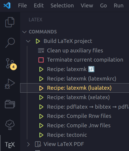 Viewing the build recipes of the LaTeX Workshop extension