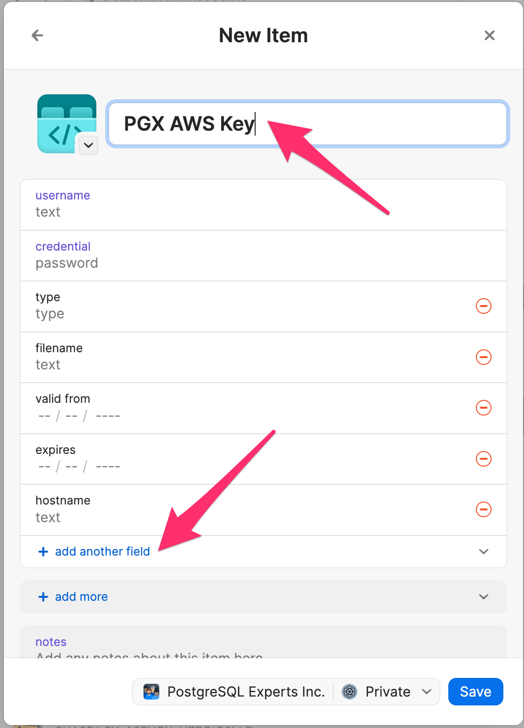 Name it PGX AWS Key and click + add another field