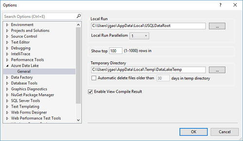 Data Lake Tools for Visual Studio local-run configure settings