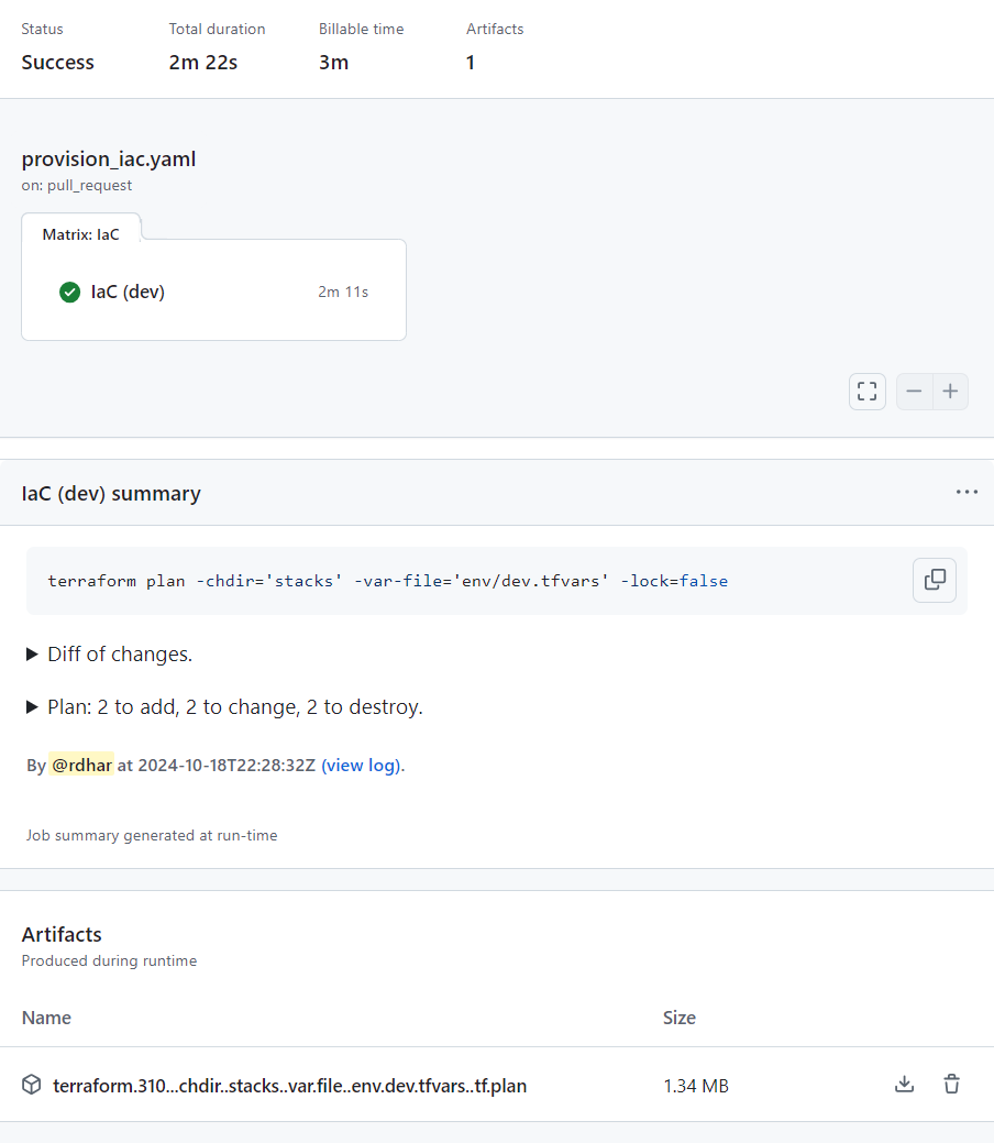 Workflow job summary with plan file artifact.