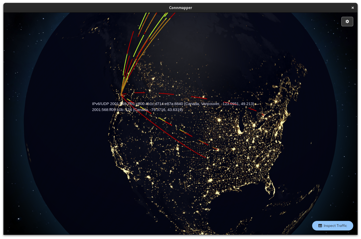 A screenshot of the globe on a system with lots of internet connections while hovering over one of them