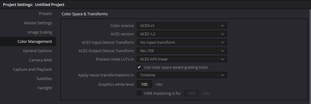 Example Davinci Resolve project settings