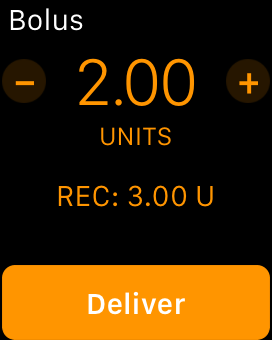 Screenshot of bolus entry on Apple Watch