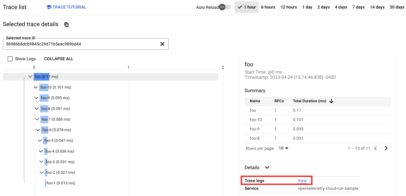 sample trace in Cloud Trace UI