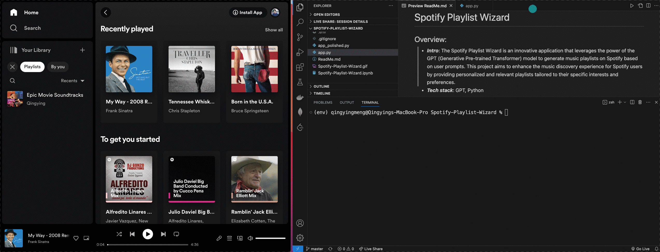 Spotify Playlist Wizard: an app uses GPT to generate music playlists on Spotify from user prompts.