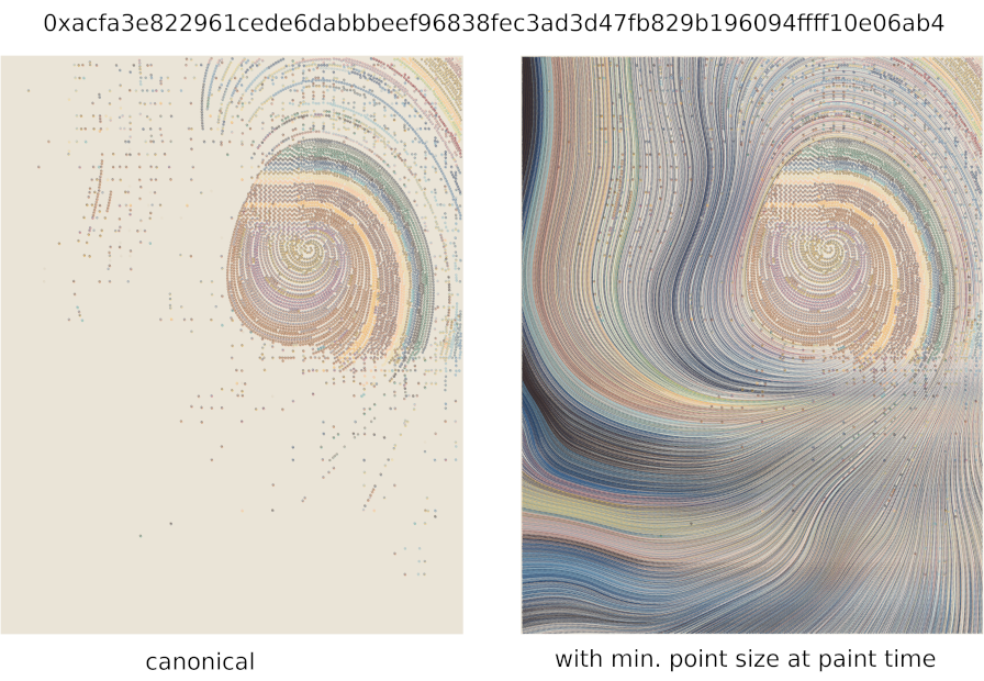 Two versions of a QQL. At left: the QQL has a swirl in the top-right with a curious smattering of points around the rest of the canvas, but mostly empty. At right: all the negative space is filled in by colorful, silky tendrils moving along the flow field.