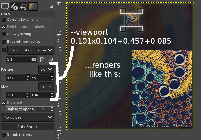 Screenshot of GIMP with a QQL resized to 1000×1000 and an active crop window, whose numeric coordinates are highlighted.