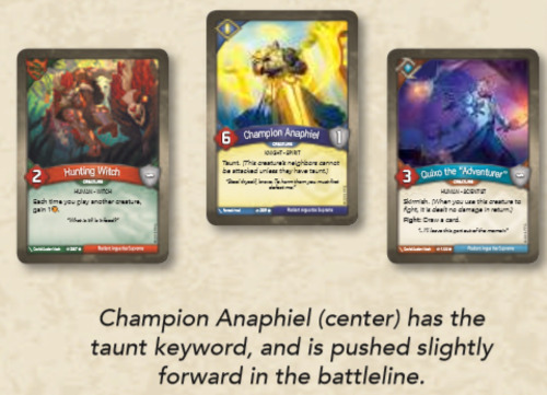 Champion Anaphiel (center) has the taunt keyword, and is pushed slightly forward in the battleline.