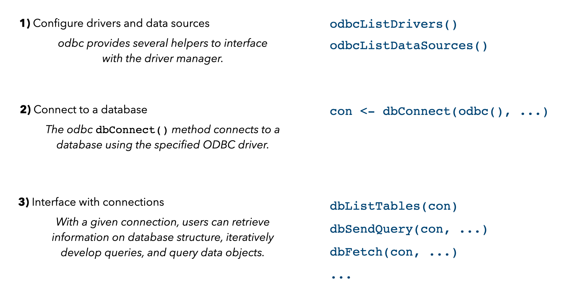 A high-level workflow for using the R interface in 3 steps. In step 1, configure drivers and data sources, the functions odbcListDrivers() and odbcListDataSources() help to interface with the driver manager. In step 2, the dbConnect() function, called with the first argument odbc(), connects to a database using the specified ODBC driver to create a connection object "con." Finally, in step 3, that connection object can be passed to various functions to retrieve information on database structure, iteratively develop queries, and query data objects.