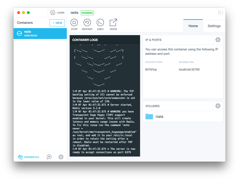 Redis container in Kitematic