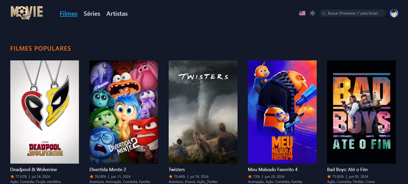 Imagem do site de filmes, séries e atores