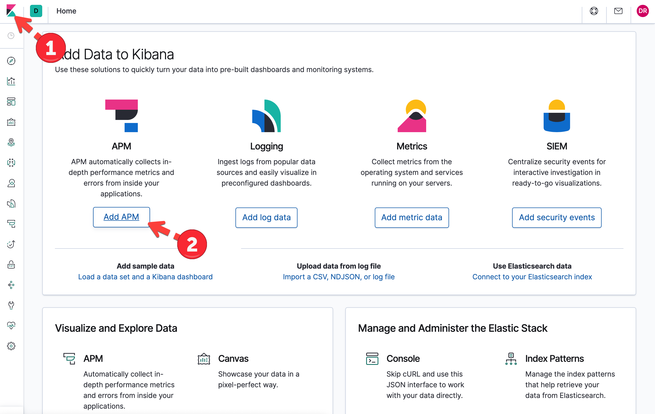 Kibana Home > Add APM
