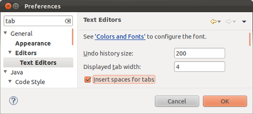 Configuring "Insert spaces for tabs"