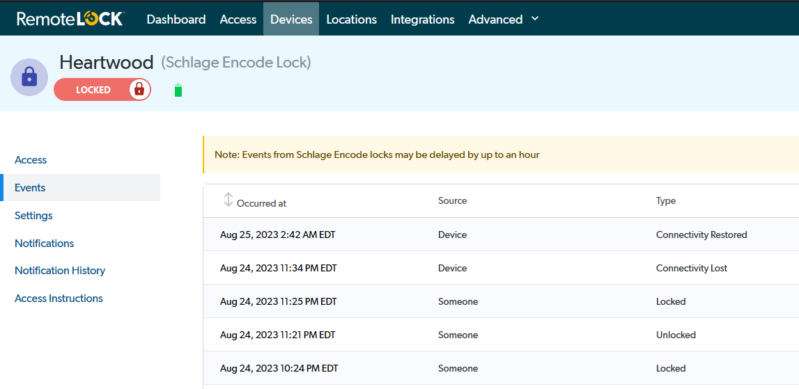 Screenshot of RemoteLock Events page for a lock