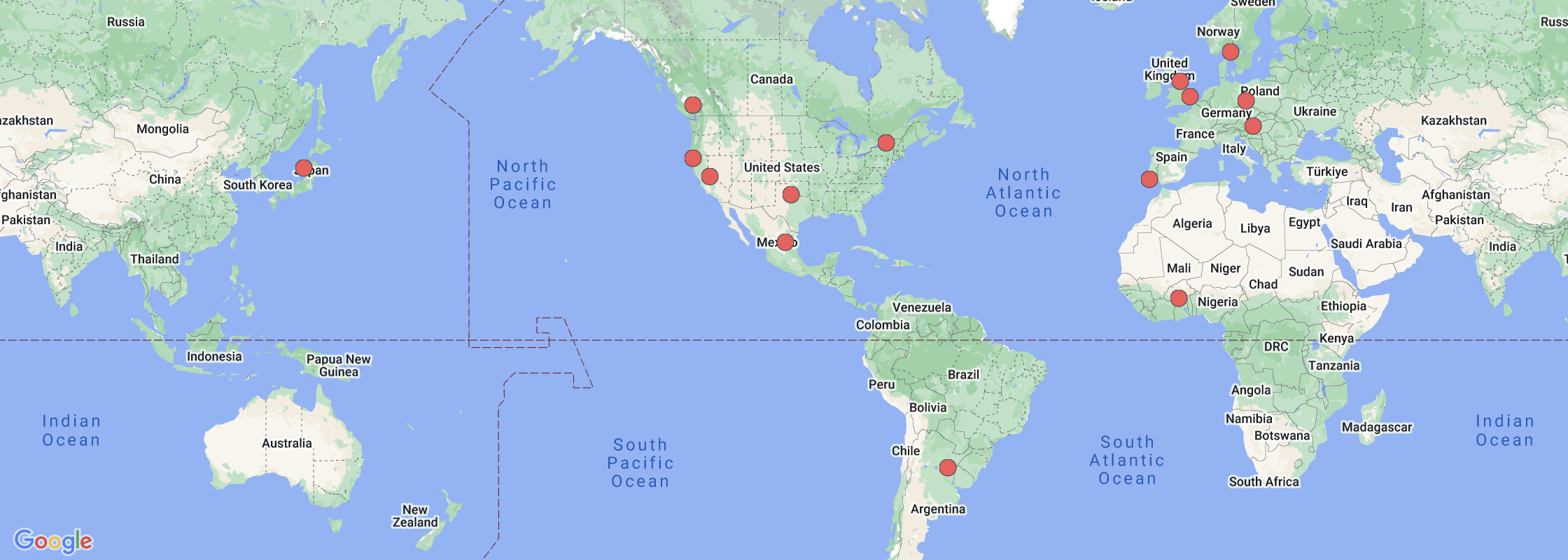 Map of the world with red dots representing various Remix meetups