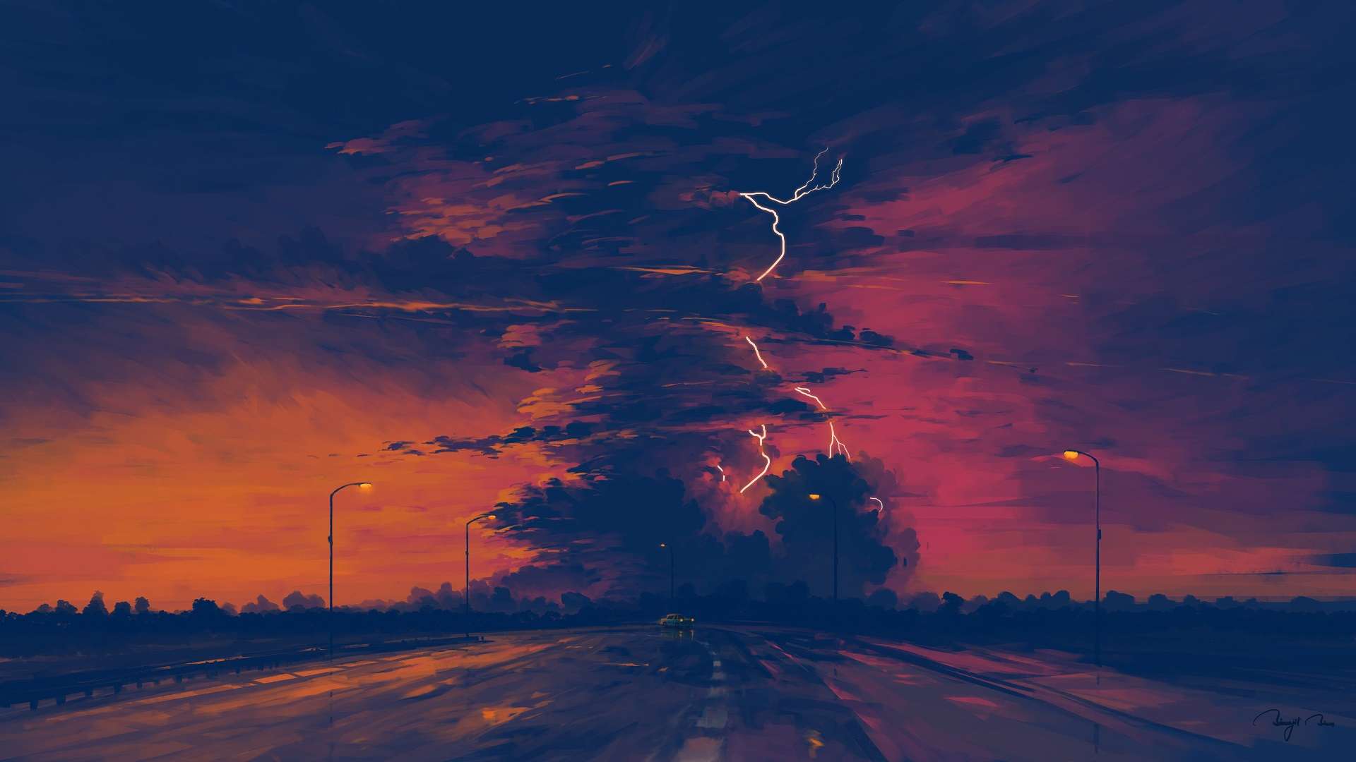 a_road_with_lightning_bolts_in_the_sky