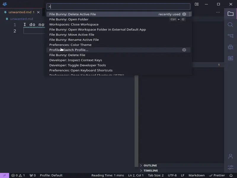 Demo of the delete active file command. Running the command while the unwanted.md file is active deletes the file immediately. The tab is closed and you see the file removed from the explorer file tree.