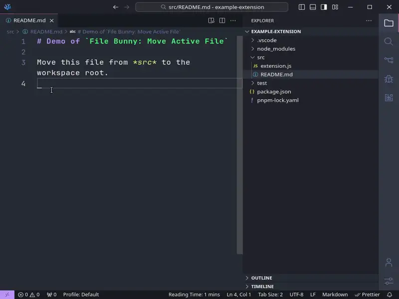 Demo of the move active file command. The user moves README.md from src to workspace root in a quick move