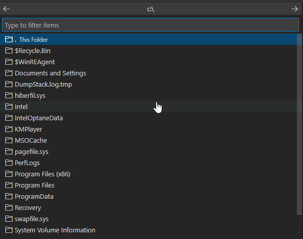 Hidden system folders at C: that appear when browsing file system for command Open Folder