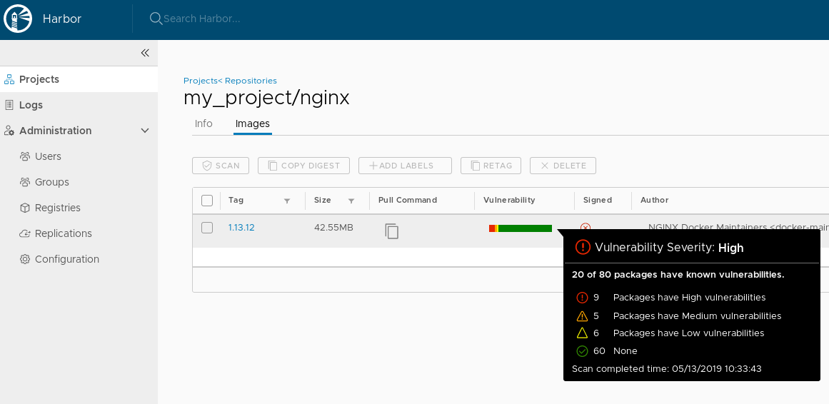 Scanned container image with vulnerabilities