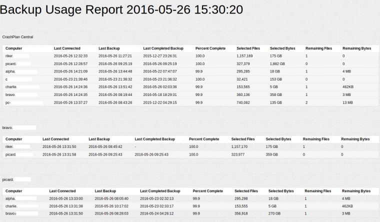 Actual Backup Usage Report generated by the application