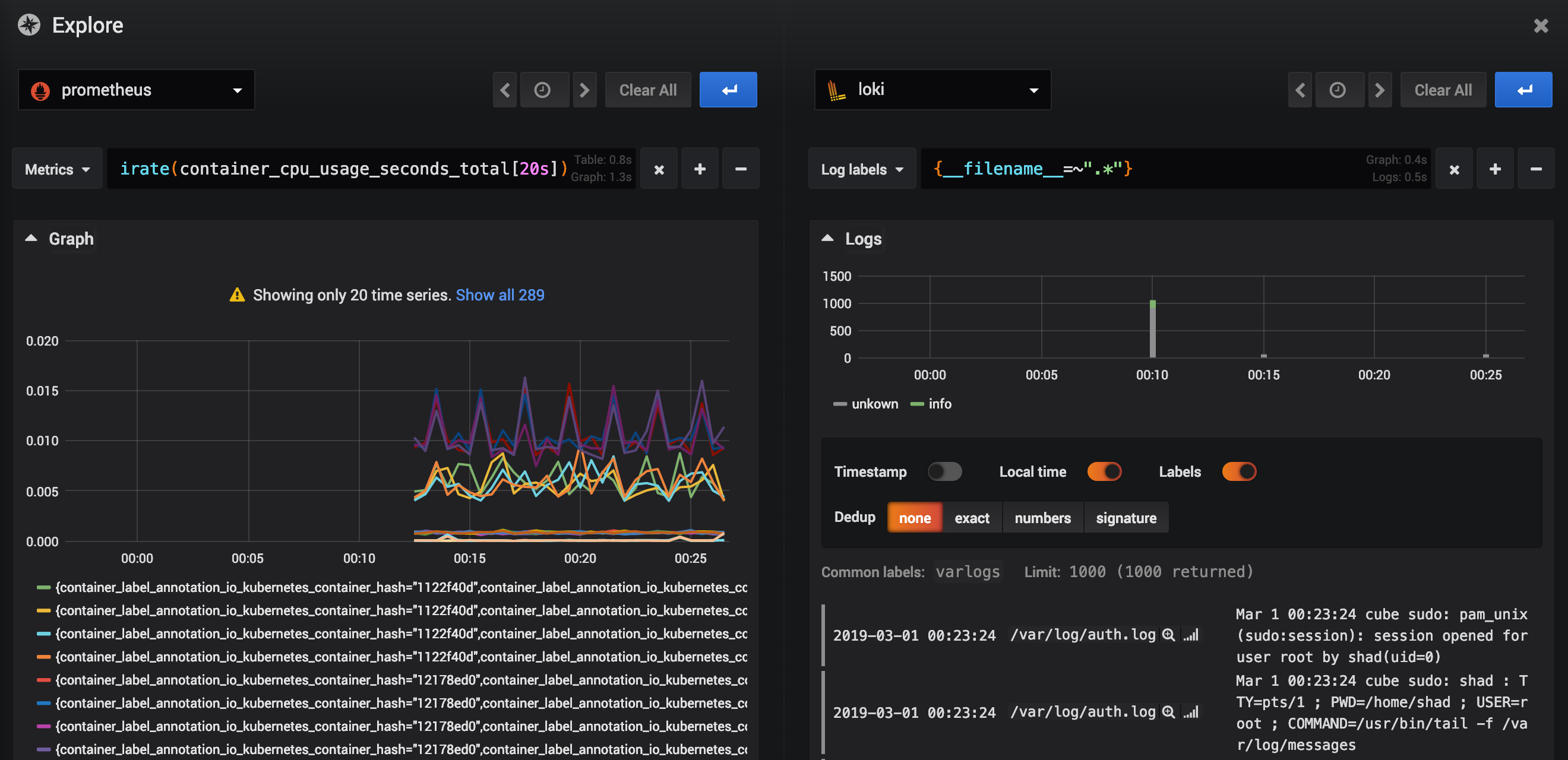 Grafana splitted dashboard: prometheus with loki