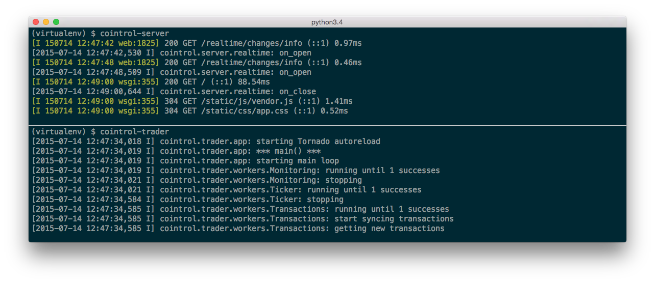 cointrol-server and cointrol-trader running in the terminal