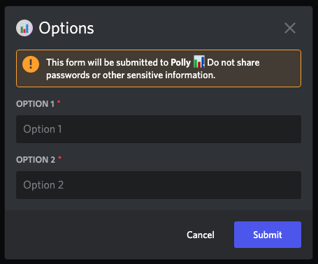 Discord modal with two TextFields (short)