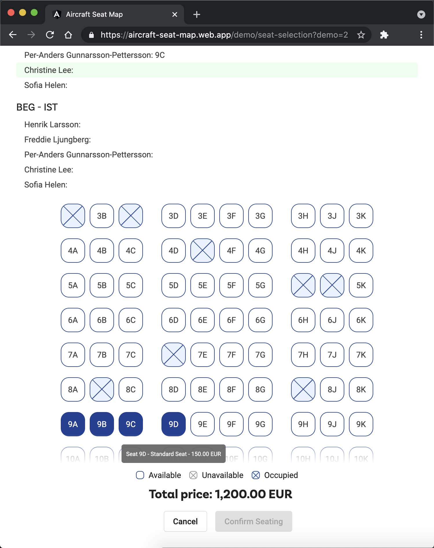 Aircraft Seat Map Demo Example - Small