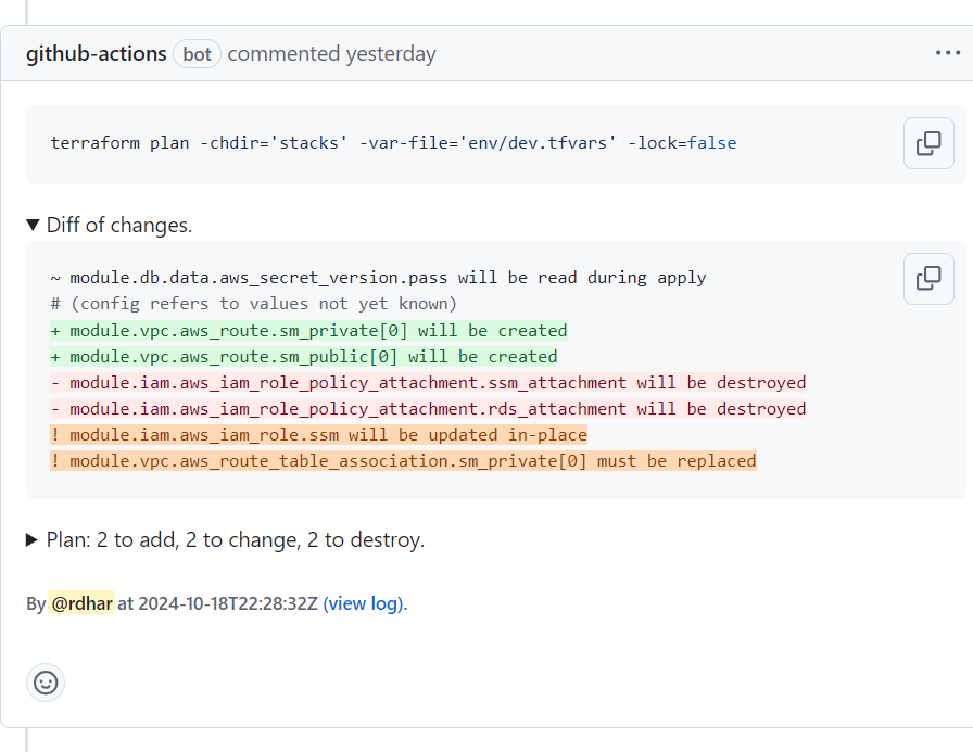 PR comment of plan output with "Diff of changes" section expanded.