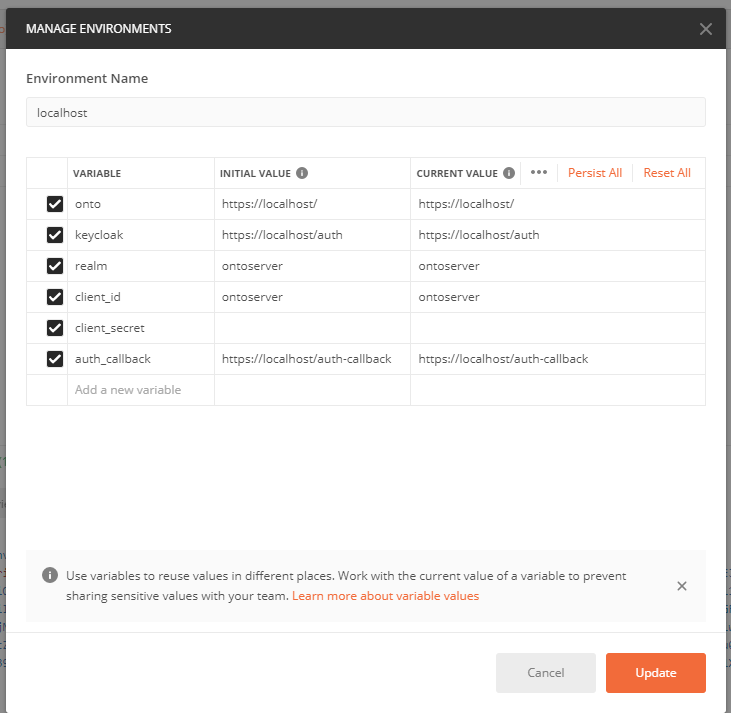 Postman environment settings