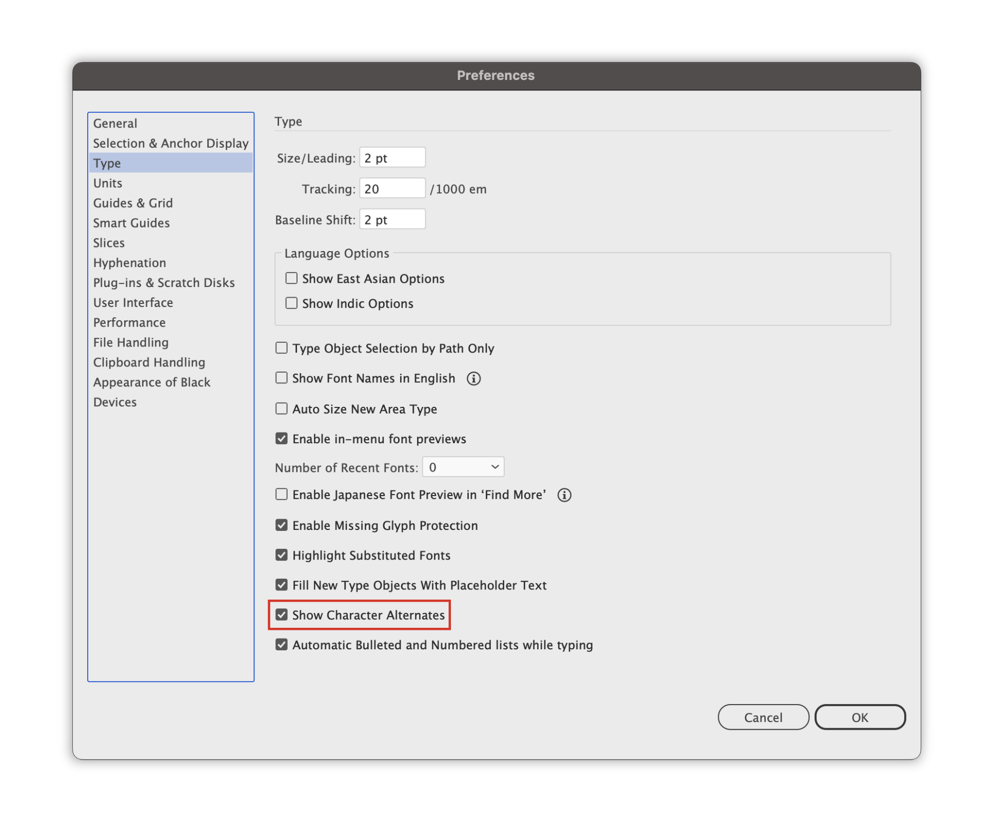 Toggle Show Character Alternates