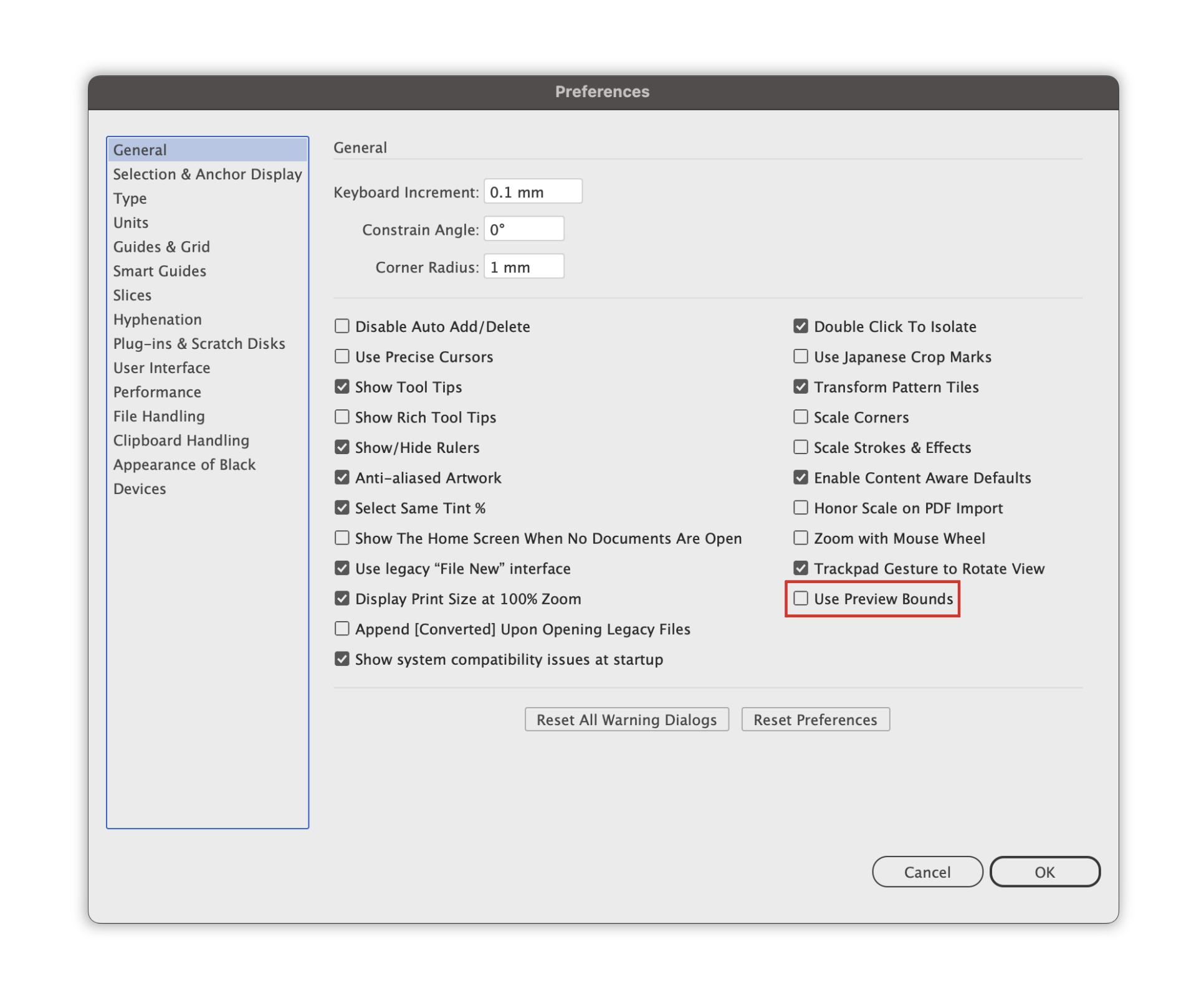 Toggle Use Preview Bounds