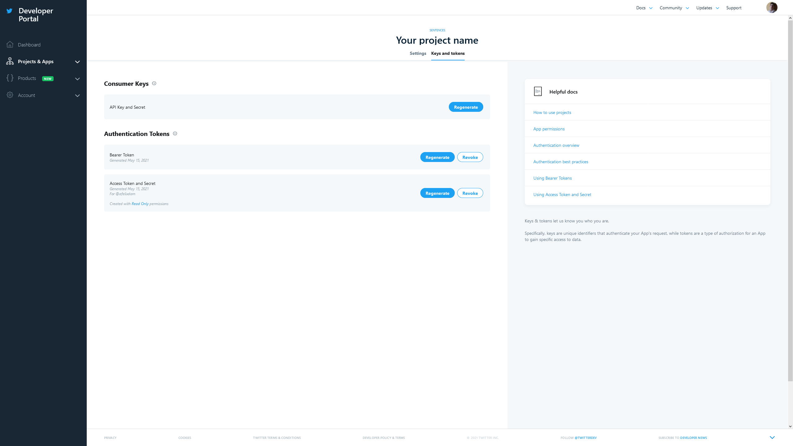 Keys and tokens tab on Twitter