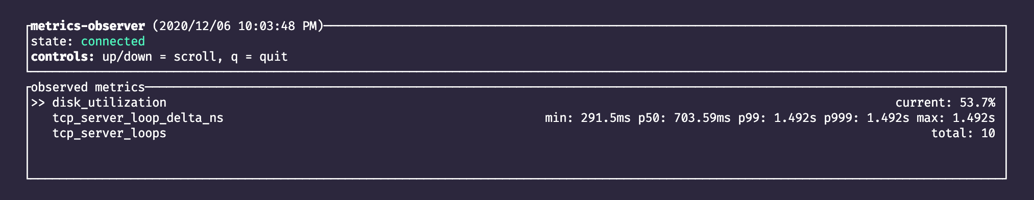 observer connected, histogram with percentiles in different timebases