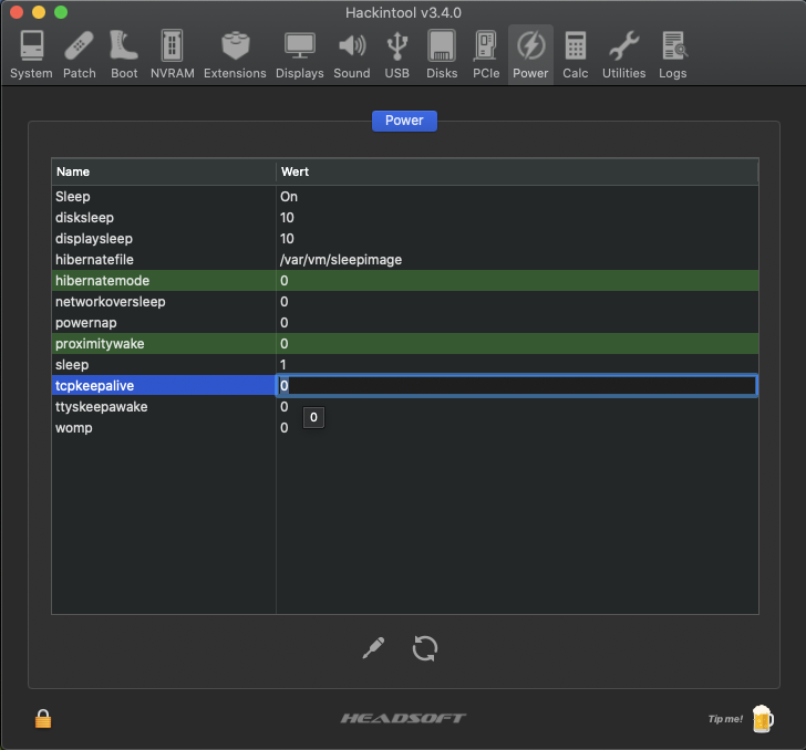 Hackintool Power Settings