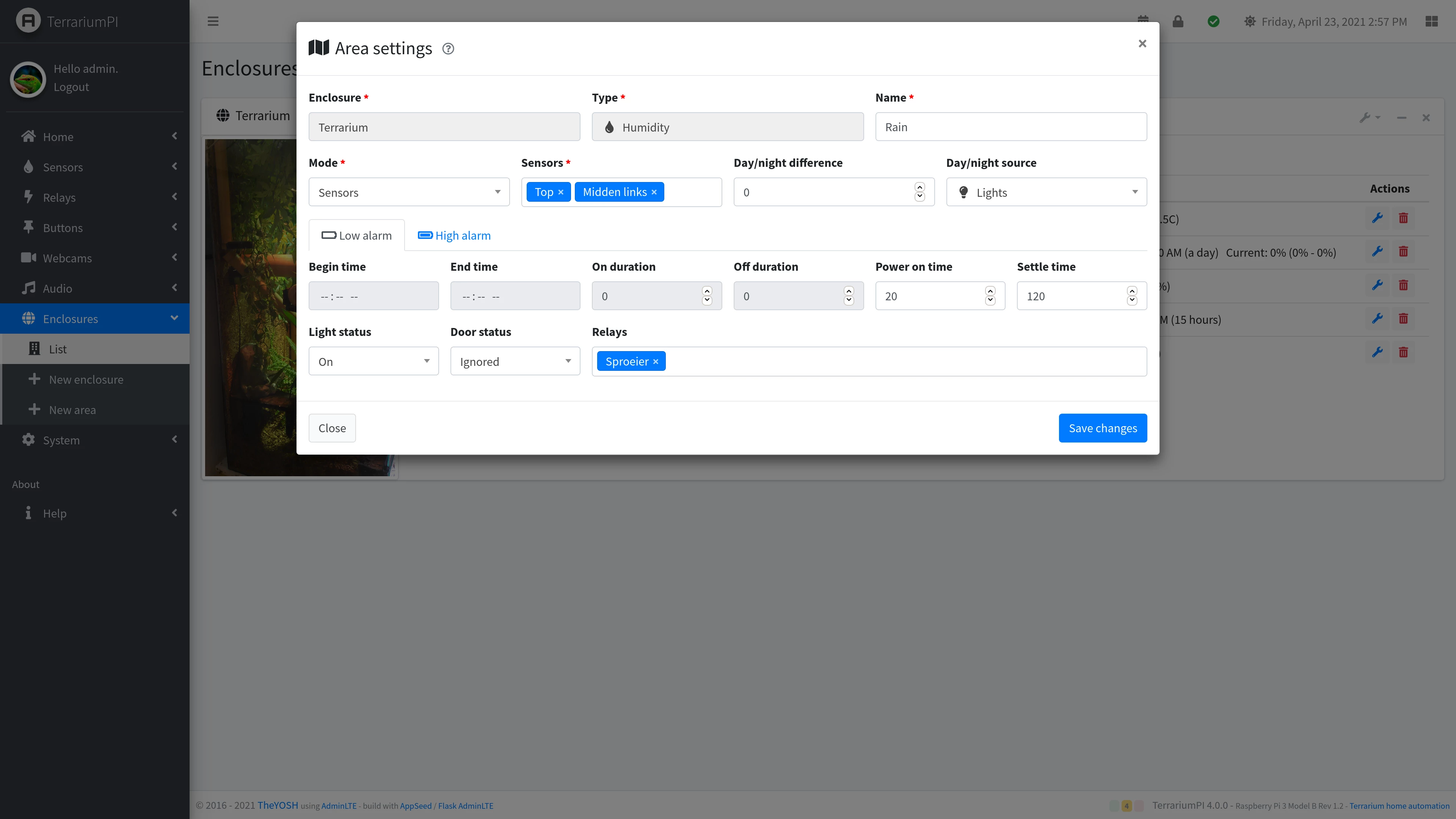 TerrariumPI 4.0 Area Humidity setup screenshot