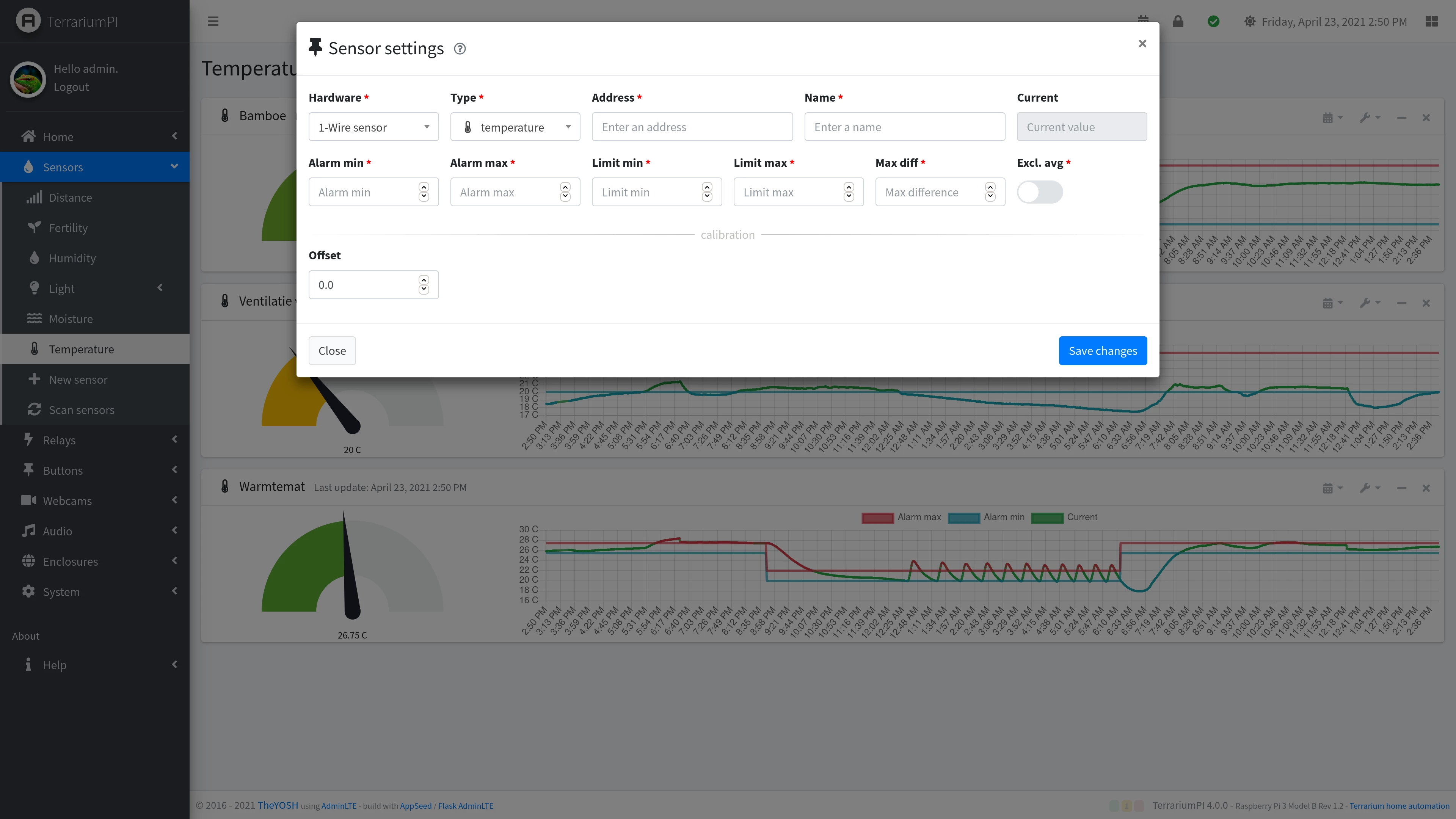 TerrariumPI 4.0 Sensors settings screenshot