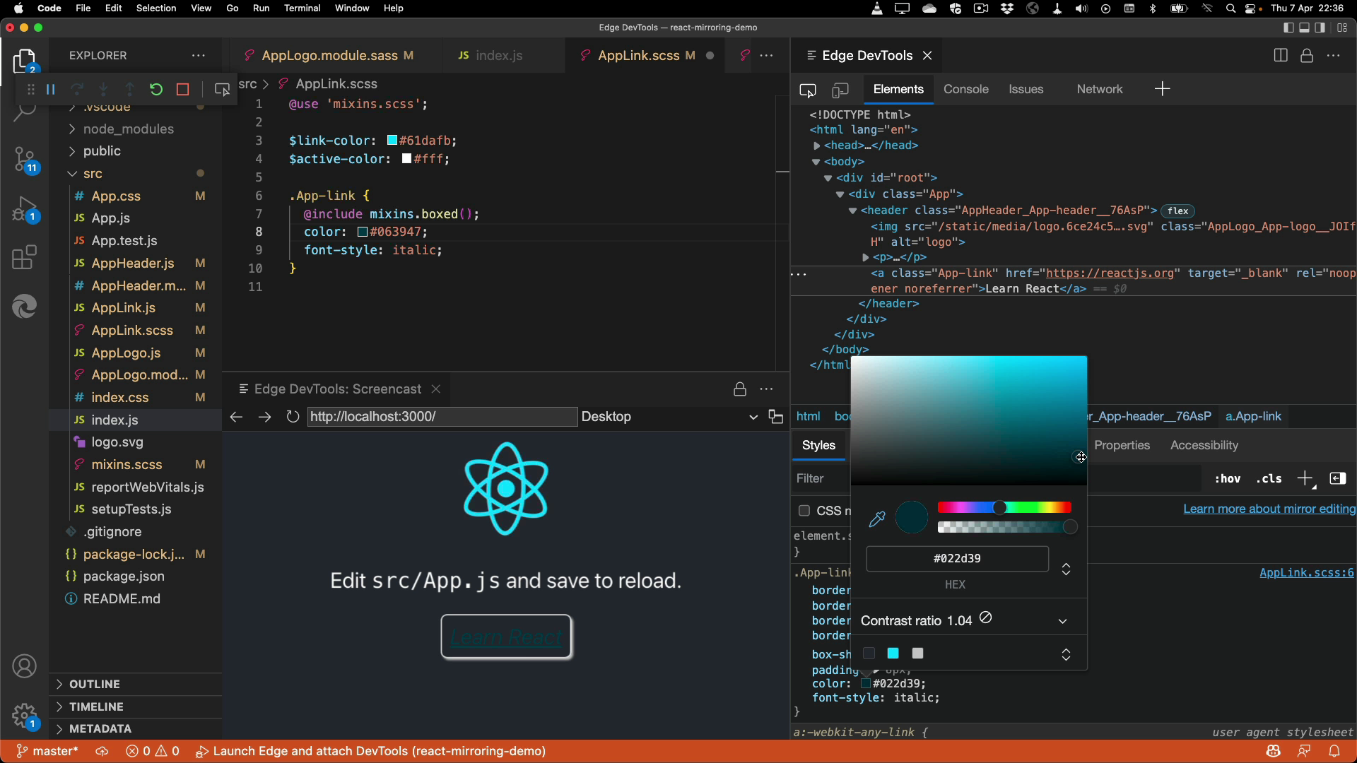 screenshot of the app inside VS code