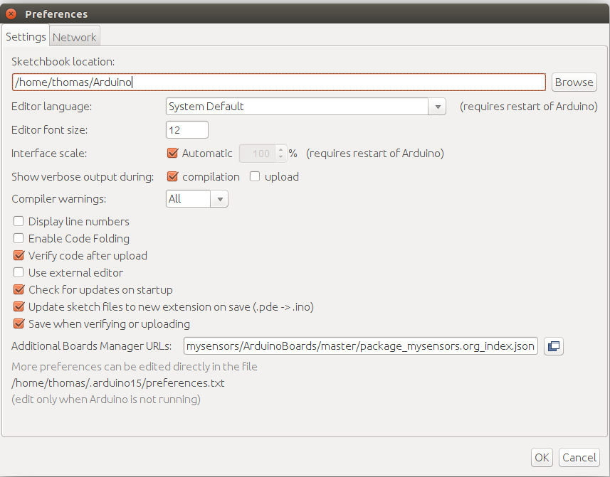 Arduino preferences dialog