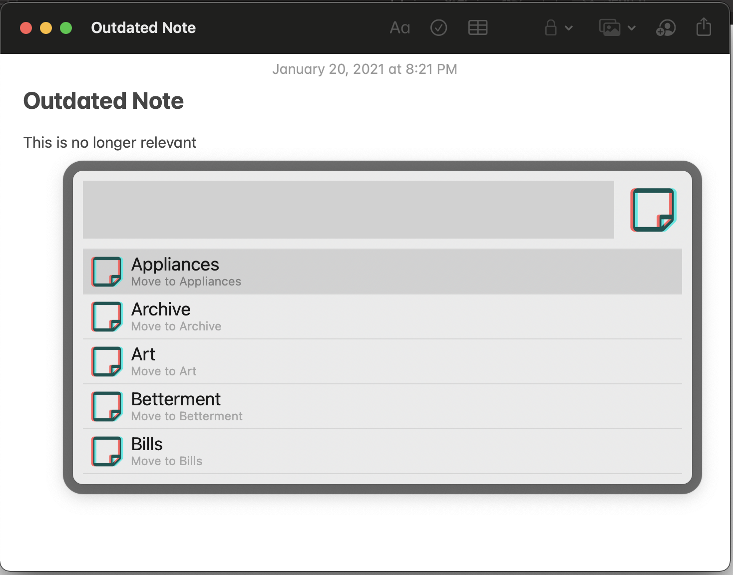 a screenshot of the Notes app with an open note titled 'Outdated Note', an Alfred prompt is asking to choose the destination folder, 'Archive' is highlighted