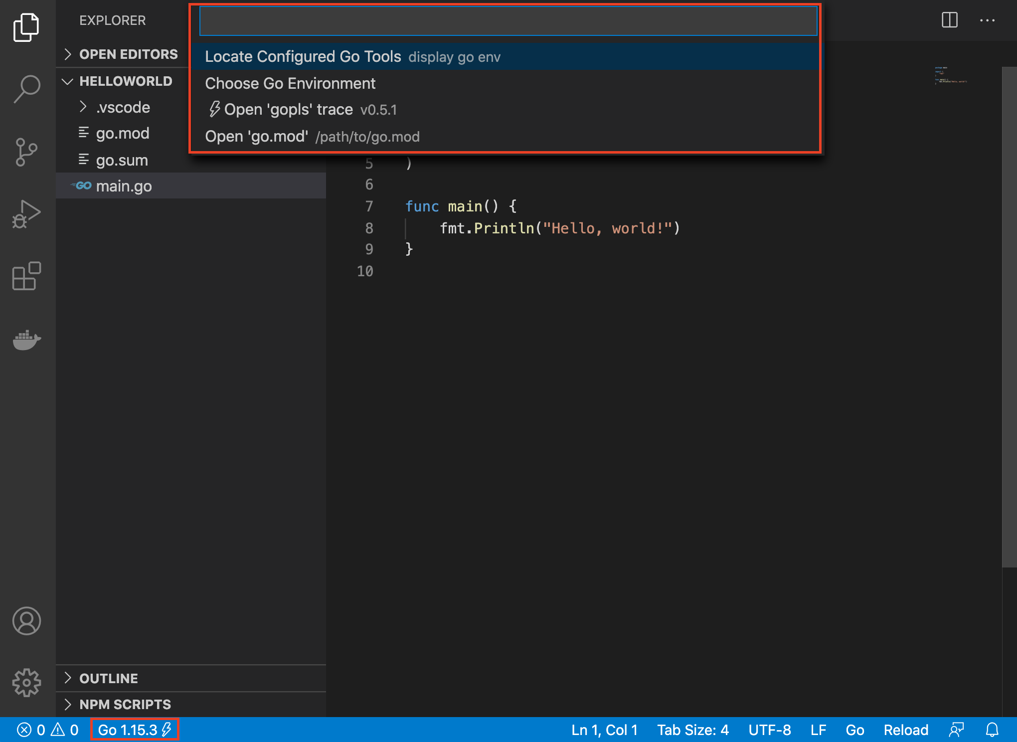 vscode extension after Go status bar item is clicked