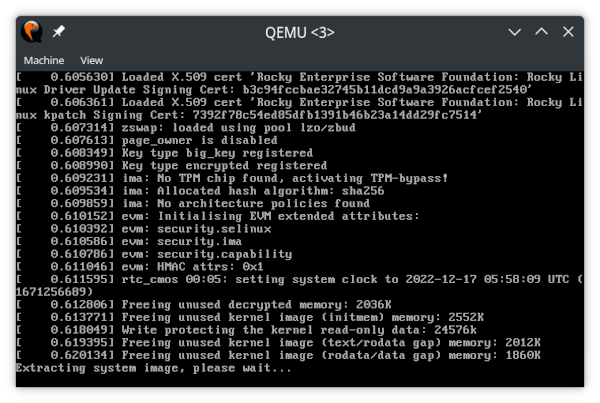 Screenshot of Linux uncompressing the image