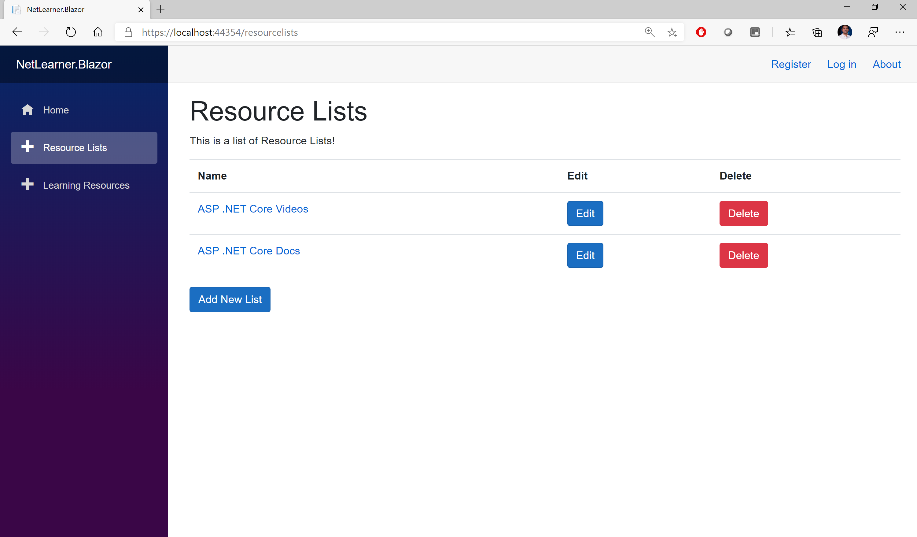 NetLearner Blazor: Resource Lists