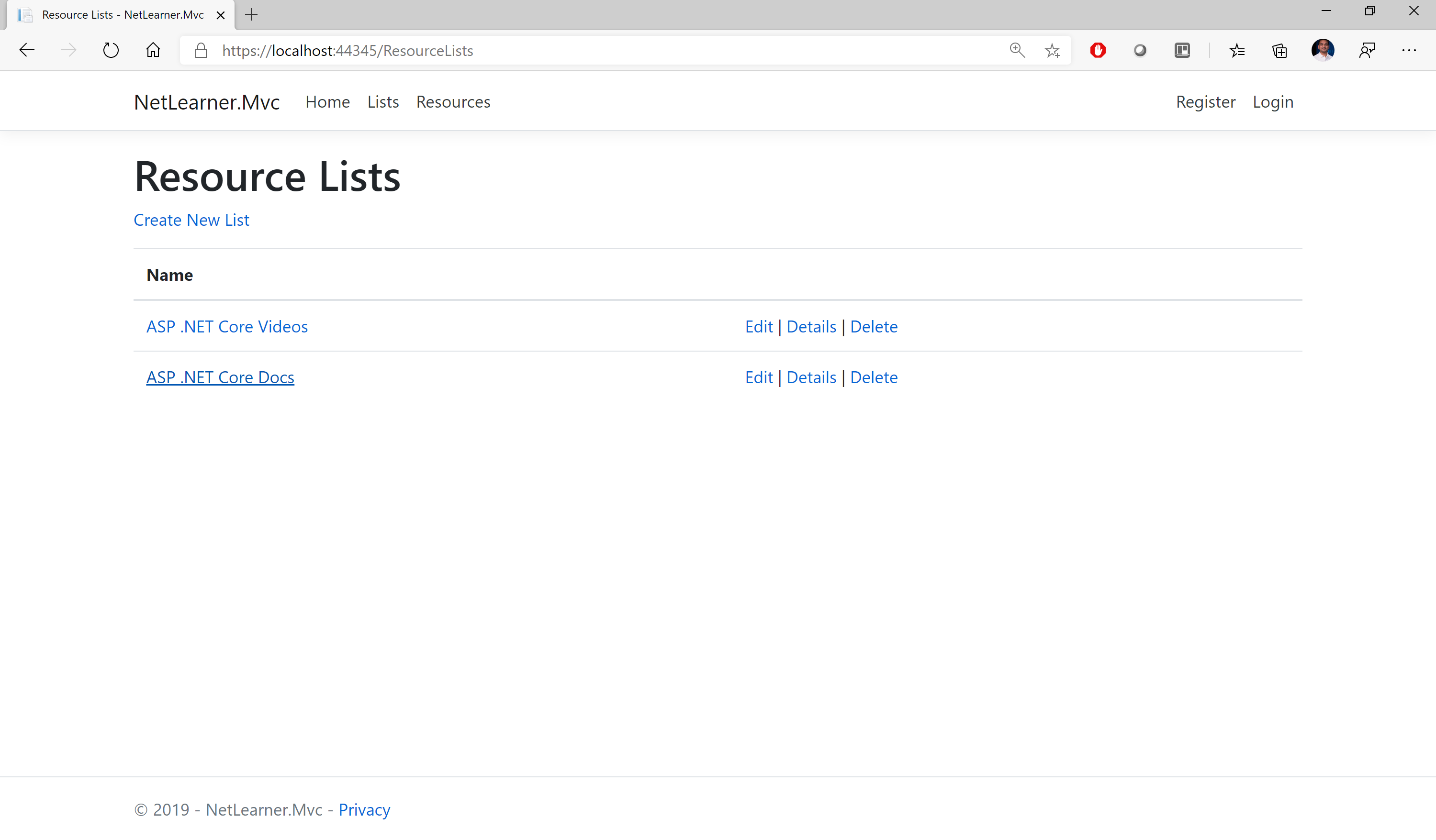 NetLearner MVC: Resource Lists