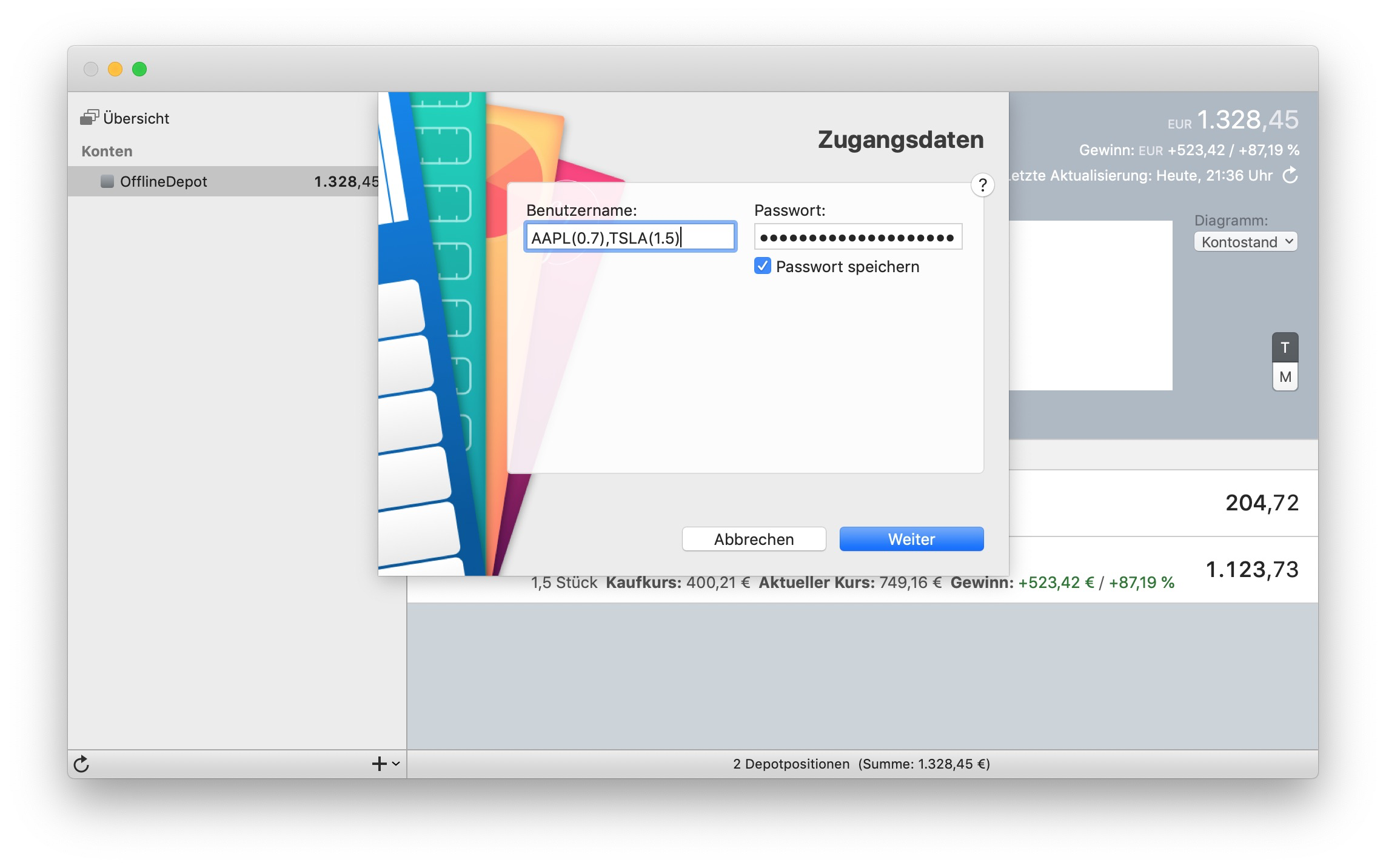 MoneyMoney screenshot with StockPortfolio Setup