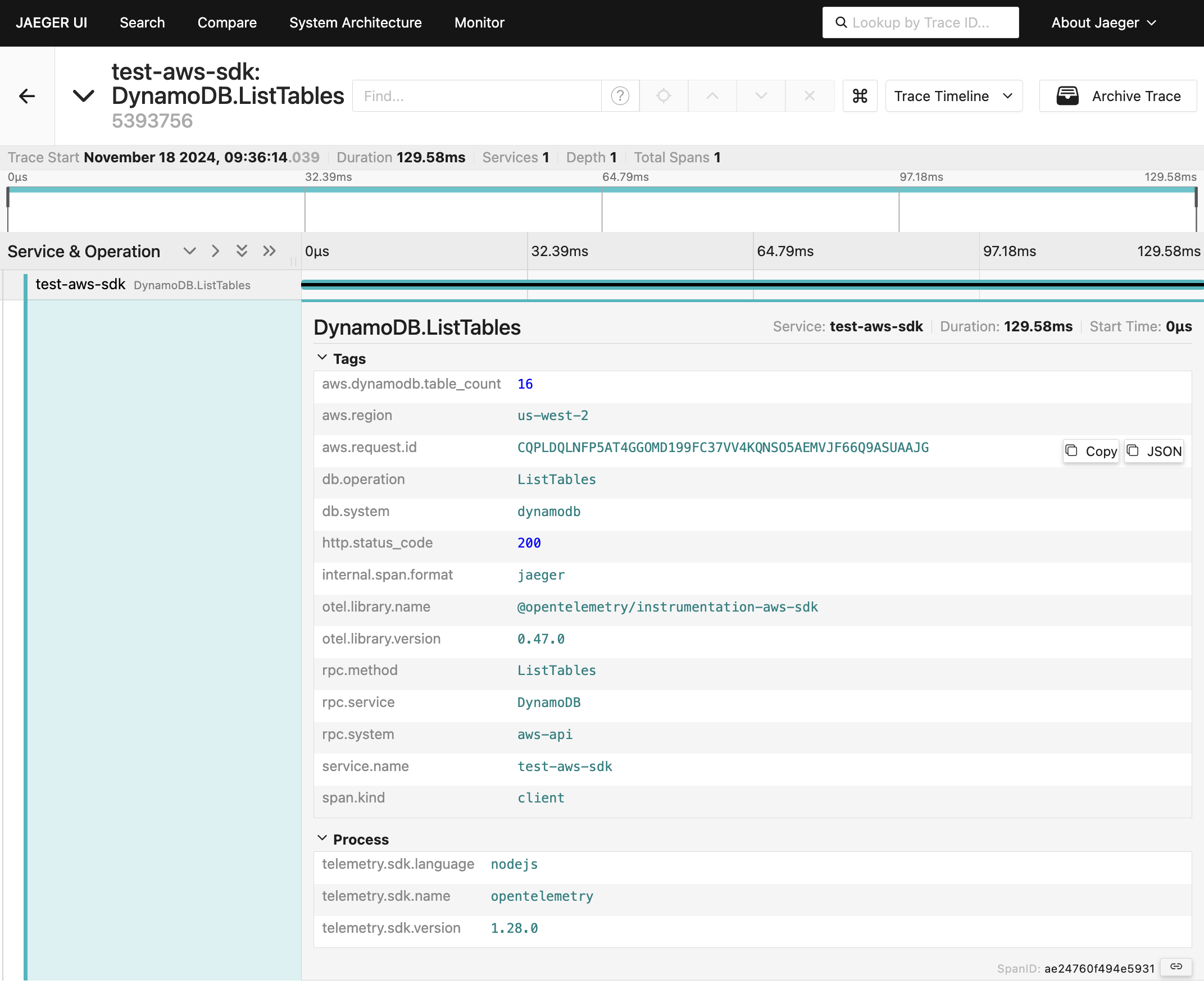 Jaeger Span for AWS SDK for JavaScript