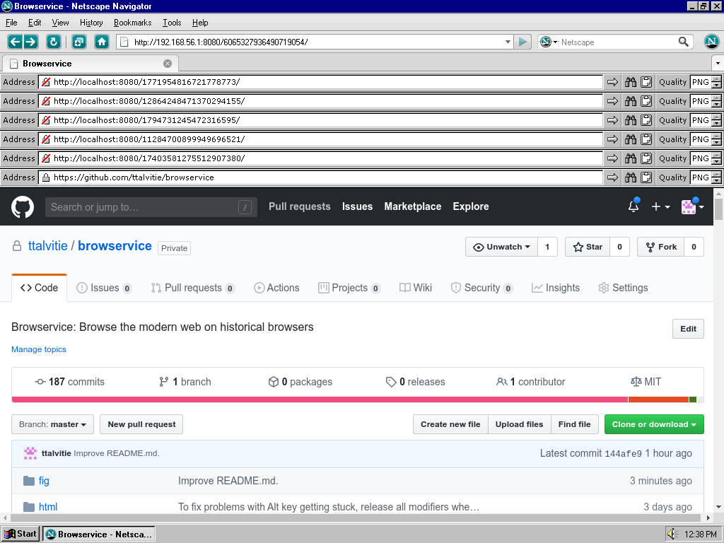 Screenshot of Netscape 9 on Windows NT 4.0 running multiple nested Browservice browsers