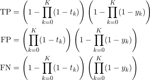 Mathematical expressions for computing true positives, false positives, and false negatives at the coarse level.