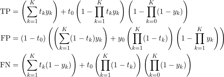 Mathematical expressions for computing true positives, false positives, and false negatives at the fine level.